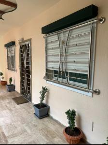 une fenêtre dans une pièce avec deux plantes en pot dans l'établissement Appartement Tout Confort Ifrane, à Ifrane