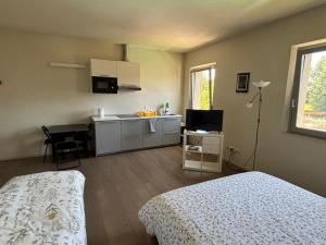 une chambre avec un lit et une cuisine avec une table dans l'établissement Appartamento Via Bandettini, à Lucques