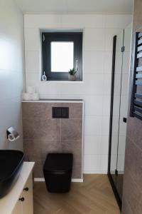 a bathroom with a toilet and a window at De Eend - Tiny house in de Zeeuwse Natuur in Driewegen +33 photos