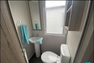 a small bathroom with a sink and a toilet at 15 Willow Wynd Thurston Manor in Dunbar +9 photos