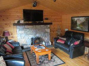 a living room with leather furniture and a stone fireplace at Riverside Lodge in Carlingford