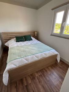 a bedroom with a large bed with two green pillows at Casa bela paisagem in Castro Daire