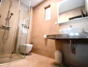 a bathroom with a shower and a sink and a toilet at Dubrovnik Icy Guest House in Dubrovnik