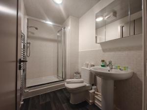 een badkamer met toilet, wastafel en douche bij Park Central 4 Double Bedroom House in Birmingham City Center in Birmingham +10 foto's