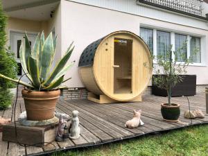 a wooden deck with a sauna and some plants and animals at Ferienhaus am Mümmelbrook in Feldberg