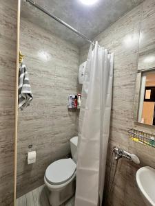 une salle de bain avec toilettes, douche et lavabo dans l'établissement Studio33, à Erevan 3 autres photos