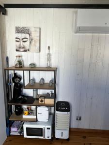 a kitchen with a shelf with a microwave and a picture at Le camper Tiny House in Pessac