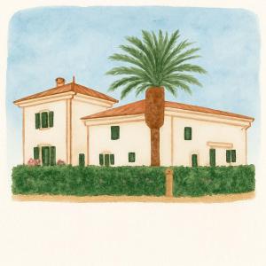a painting of a house with a palm tree at Villa Pola Liberty house Mondello in Palermo
