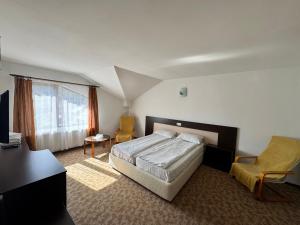 a bedroom with a bed and a desk and a television at Chalet Minut in Vatra Dornei