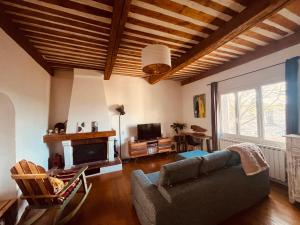 un salon avec un canapé et une cheminée dans l'établissement La maison du Bougainvillier 10 personnes, à Dions