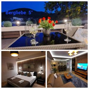 a collage of two pictures of a living room at Bergliebe 5 mit großer Terrasse, Tiefgarage & Lift in Bad Harzburg