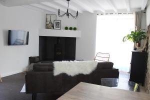 a living room with a couch and a fireplace at Fig Tree Cottage 1 x Super King or 2 x Single Beds in Busserolles