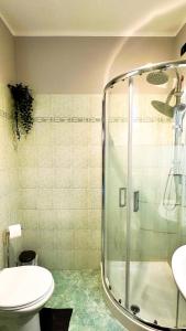 a bathroom with a shower and a toilet and a sink at Casa Camoscio by Maggiore Living in Baveno +24 photos