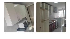 two pictures of a kitchen with a white refrigerator at Sinta-se bem acolhido in São José dos Campos