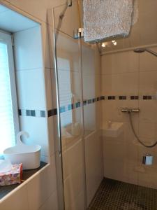 a bathroom with a glass shower and a sink at Haus Norderteich in Horn-Bad Meinberg +8 photos