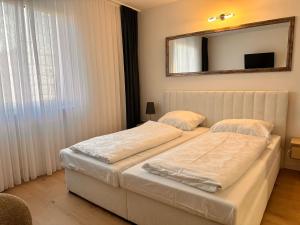 two beds in a bedroom with a mirror on the wall at Hotel Erlenstegen in Nürnberg
