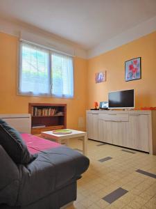 a living room with a couch and a flat screen tv at Maison Guy-Nadette in Saint-Georges-de-Didonne