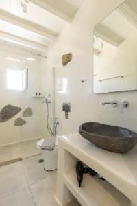 y baño con lavabo de piedra y ducha. en Irene's Residence, en Mykonos ciudad