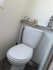 a bathroom with a white toilet with a blue hose at La Palmyre - Les Mathes - Nouveau Mobil home - Camping 4 étoiles "Les Charmettes" in Les Mathes +27 photos