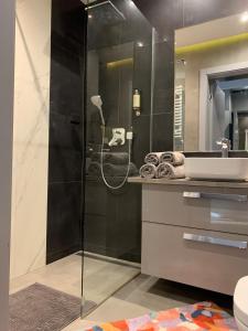 a bathroom with a shower and a sink at Rajska 3 in Kraków