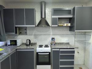 a kitchen with gray cabinets and a stove top oven at Intiaconcagua departamento planta alta ahora con wifi in Ciudad Lujan de Cuyo