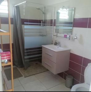 Un baño con lavabo, ducha e inodoro. en Villa Bien-Désiré, en Saint-François