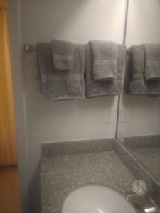 a bathroom with a sink and a mirror and towels at 2 Double Beds Hotel Studio 134 in Livingston