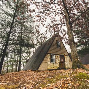 a small house sitting on top of a pile of leaves at A-Frame #01 - by The Chalets in Logan