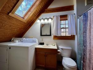 a bathroom with a toilet and a sink and a mirror at Alpine - by The Chalets in Logan +21 photos