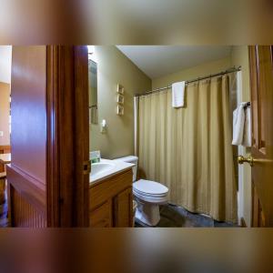 a bathroom with a toilet and a sink and a shower at Coyote - by The Chalets in Logan +16 photos