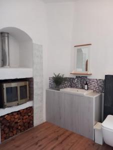 a kitchen with a sink and a fire place at Ferienhaus Loft in Küstennähe in Ruda +41 photos