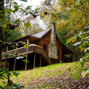 a log cabin on a hill in the woods at Pioneer - by The Chalets in South Bloomingville