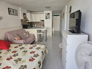 a small living room with a couch and a tv at Studio with sea view near the beach in Playa de las Americas