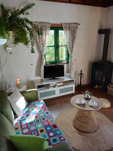 a living room with a couch and a tv at Casa Flor azul in Las Tricias