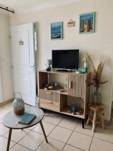 un soggiorno con TV su un centro di intrattenimento in legno di Appartement rez-de-chaussée entre dunes et ocean a Lacanau-Océan