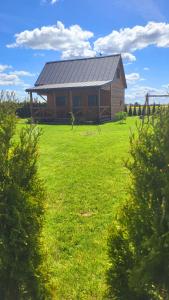 a house in the middle of a field with green grass at Domek nad Nieliszem in Nielisz