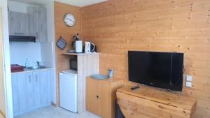 TV de pantalla plana en la parte superior de una pared de madera en Résidence Podium - POD708 STUDIO 4 PERSONNES STATION 1600 MAE-0223, en Puy-Saint-Vincent