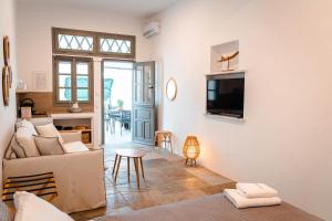 a living room with a couch and a tv at Living Blue Tinos in Kardhianí
