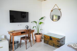 a bedroom with a desk with a plant and a mirror at Dimora Storica Villa Pasquale Capri in Capri