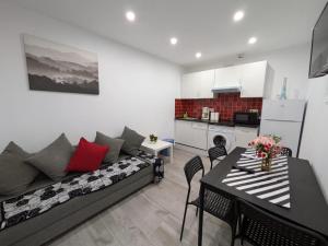 Una sala de estar con un sofá y una mesa y una cocina. en Madrid Stay, en Madrid 20 fotos más