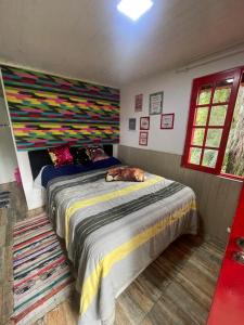 a bedroom with a large bed with a colorful wall at Chale Sabrina in Campos do Jordão +37 photos