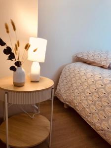 una camera da letto con un letto e un tavolo con una lampada di Maison moderne 3 chambres SPA-jacuzzi mai-septembre a Cerelles Altre 37 foto