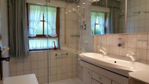 a bathroom with a sink and a shower and a mirror at "Allgäuglück", Oberstaufen in Oberstaufen