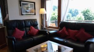 a living room with a black leather couch and red pillows at "Allgäuglück", Oberstaufen in Oberstaufen +1 photo