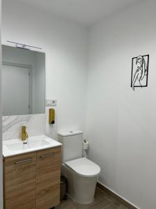 een badkamer met een toilet, een wastafel en een spiegel bij Casa Peñas 2 in Ronda