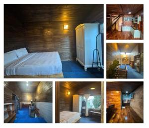 a collage of pictures of a bedroom and a bed at Nhà Của Sen in Da Thien