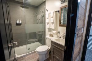 a bathroom with a shower and a toilet and a sink at Heart & Hops Brewery Suites in Kingsville +61 photos