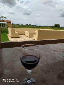 Chapadacasa irece a 30 km de jussara的坐在桌子上喝一杯葡萄酒