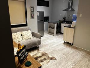 a living room with a couch and a kitchen at Cabaña Julián Elias Verde in Puerto Natales +11 photos