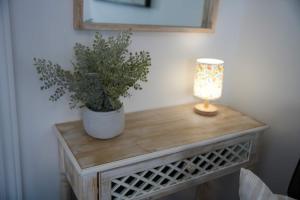 a table with a lamp and a potted plant on it at L'Oasis de Nancy in Rouyn-Noranda